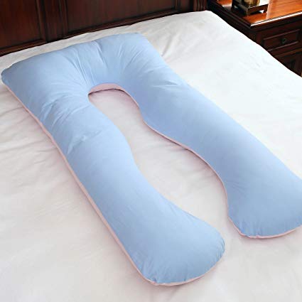 U Shaped Maternity Pregnancy Body Pillow With Zipper Removable Washable Cotton Cover, Blue&Pink