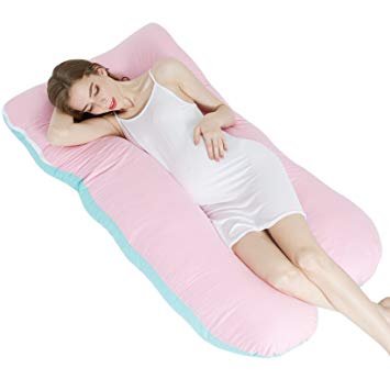 CALNARTIA Pregnancy pillow full body maternity pillow U shape with zippered washable case,Light Green+Pink