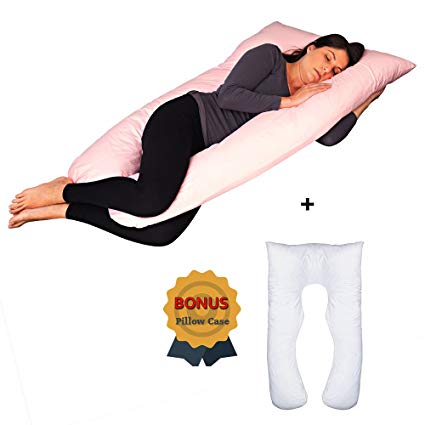 Mother Comfort 100% Cotton, U-shaped full body Pregnancy Maternity Body Pillow + BONUS SECOND PILLOW CASE support your belly, back, hips & knees -Unparalleled Support