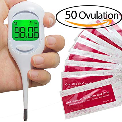 Digital Basal Thermometer with Backlight for Ovulation Tracking BBT (1/100th Accuracy) Bundled with 50 Ovulation (LH) Test Strips for Natural Family Planning (NFP)